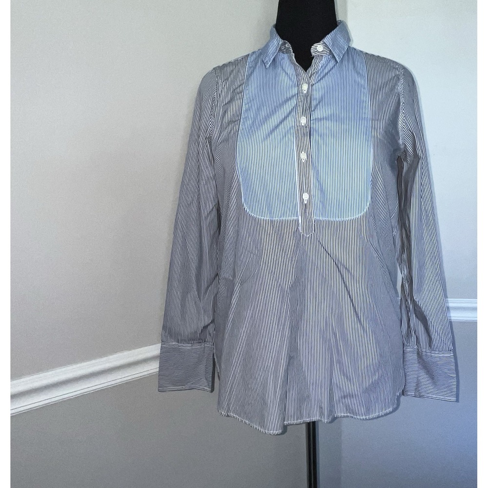 J. Crew‎ Blue Striped Button Bib Long Sleeve Blouse Size 4